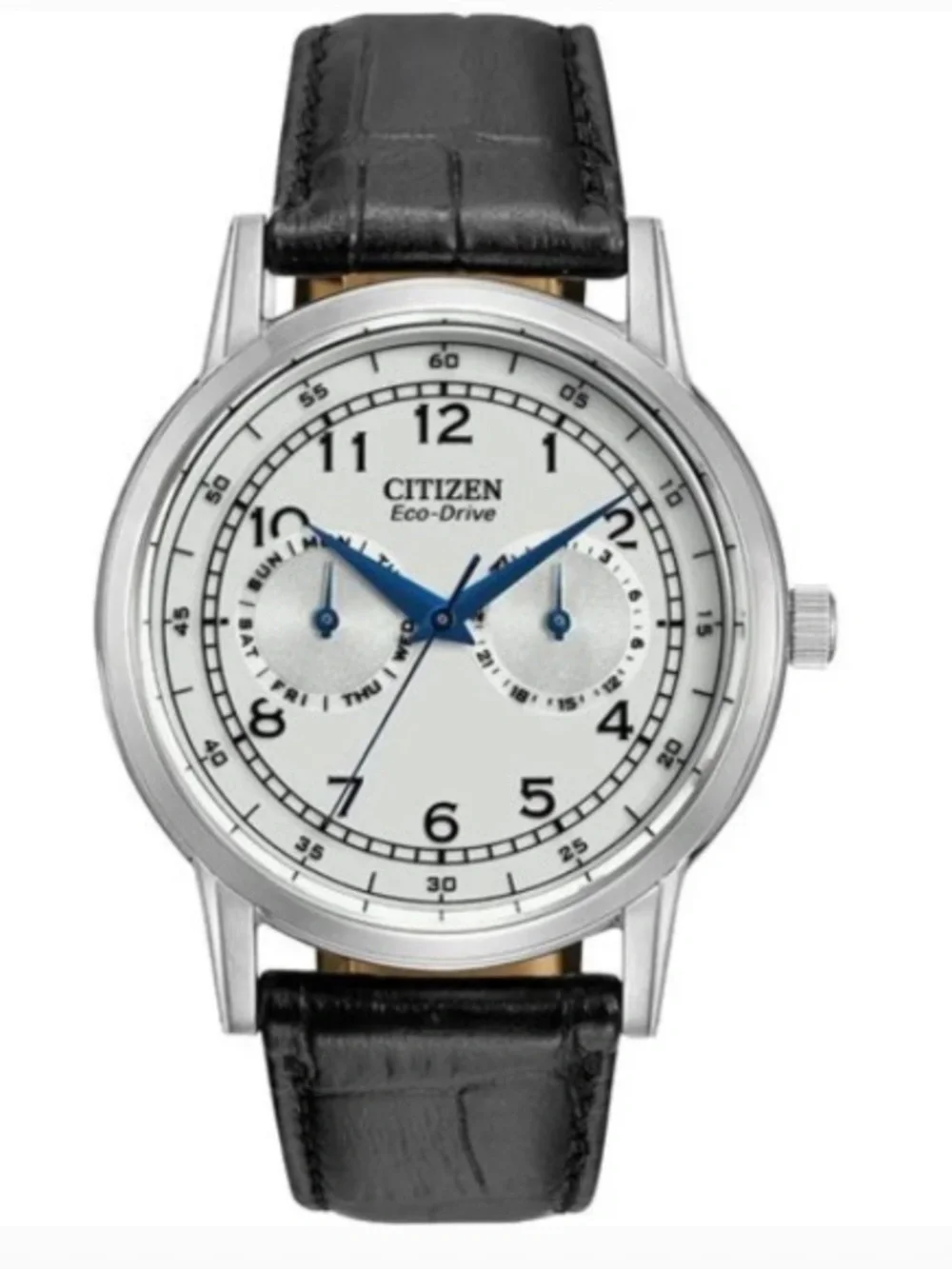 Citizen Silver Dial Watch with Blue Hands and Black Strap